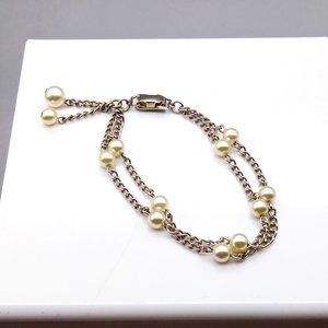 Dainty Vintage Double Strand Bracelet, White Pearl & Silver Tone Chains
